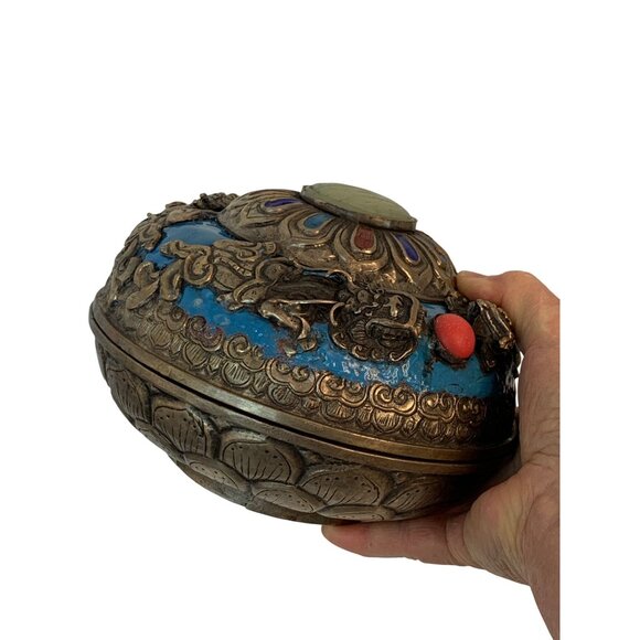 VTG Handcrafted Tibetan Insense Metal Bowl With Lid Enamel 8 X 5 B9033 Trinket - Picture 7 of 13